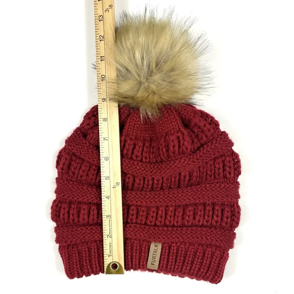FURTALK Womens Winter Knitted Beanie Hat Faux Fur Pom Red Chunky‎ Ski Snowbunny